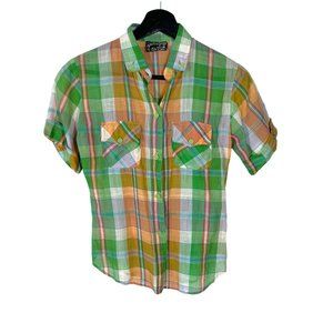 Vintage 70s Shirts n Things Green Orange Plaid Button Up Short Sleeve Top Medium